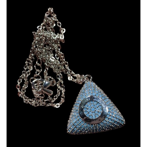 Blue And Silver Tone Pave Stone Triangle Pendant Necklace - Picture 5 of 8